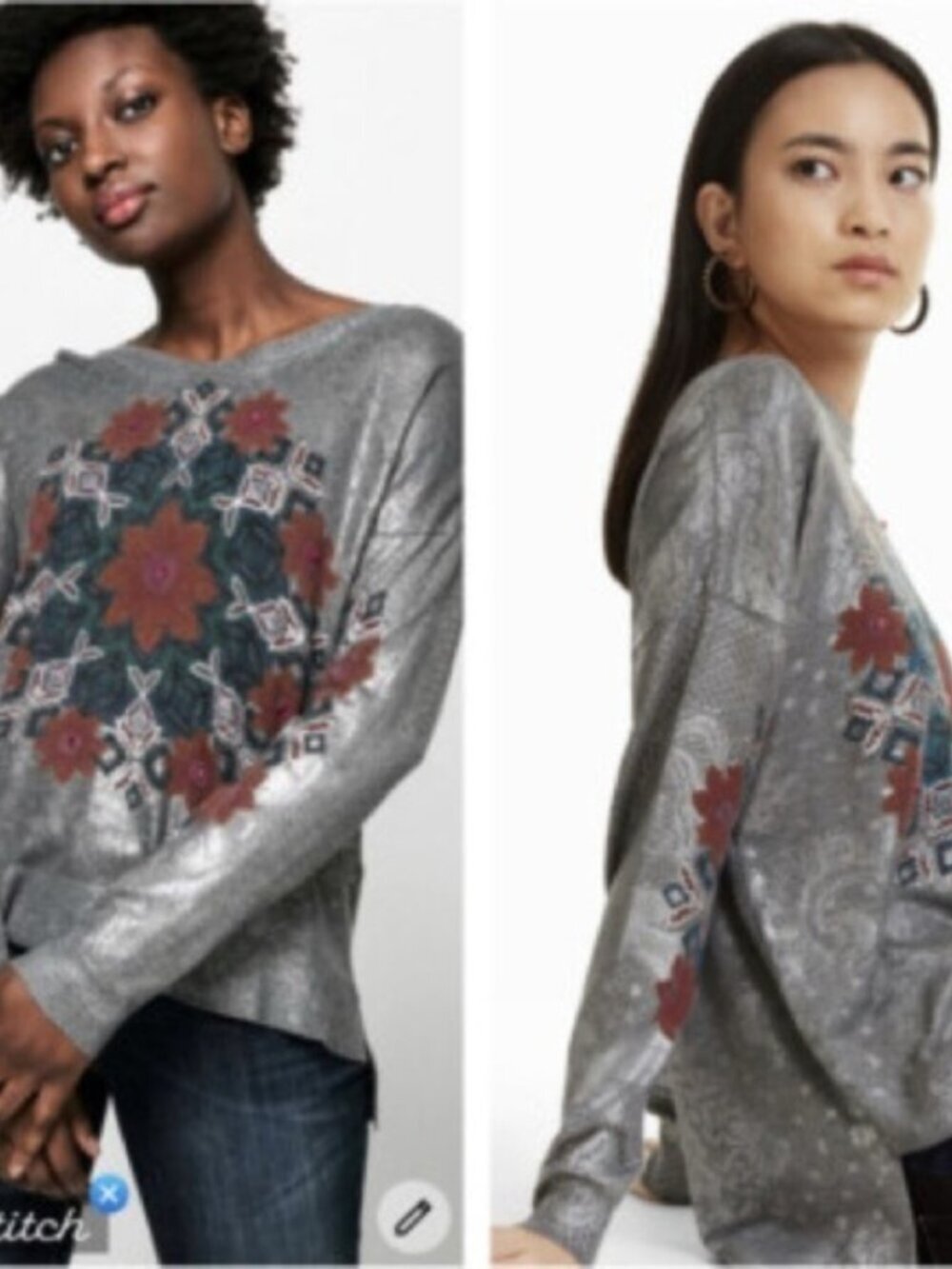 Desigual Karina Pullover Sweater Grey Floral Mandala Size Medium
